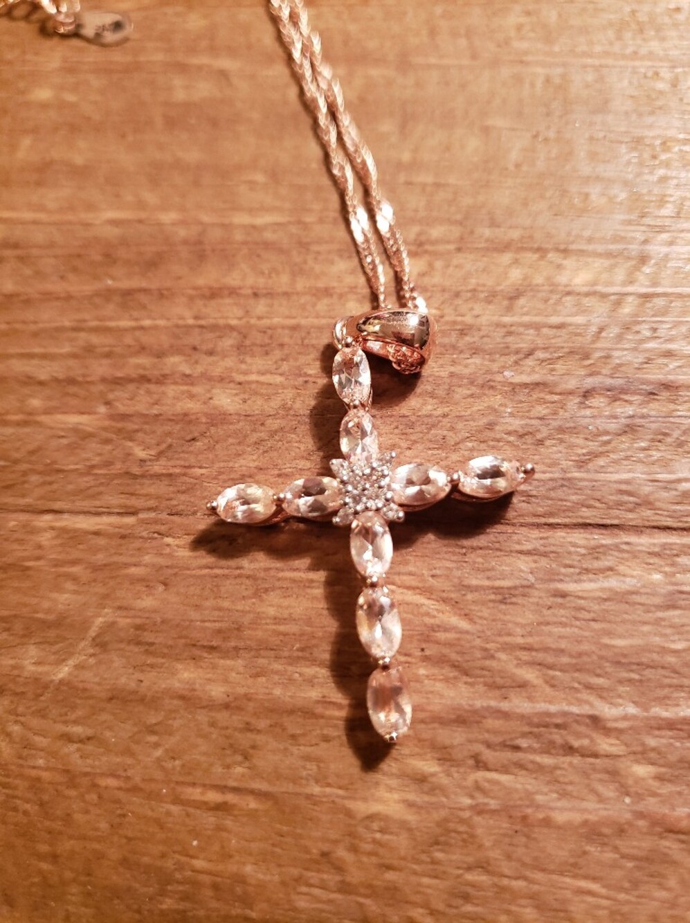 18k Rose Gold Over Sterling Necklace With Peach Morganite Cross - Picture 2 of 7